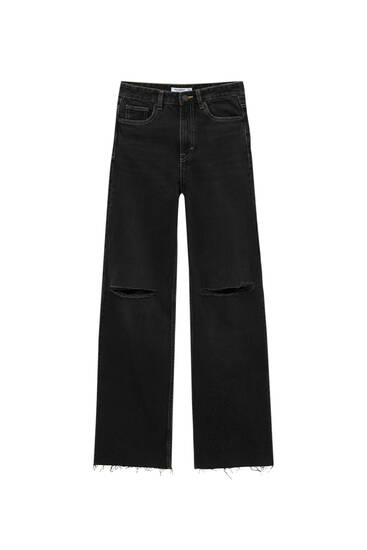 Frayed-hem high-waist straight jeans