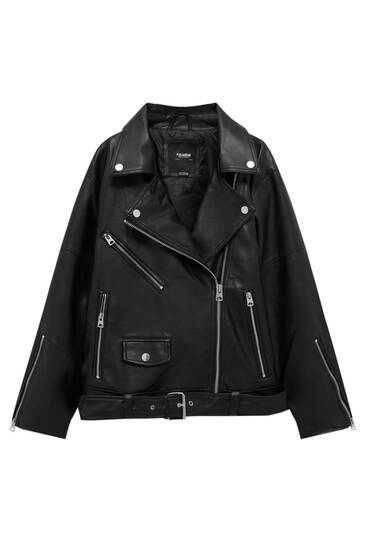 Oversize čierna motorkárska bunda s koženým efektom