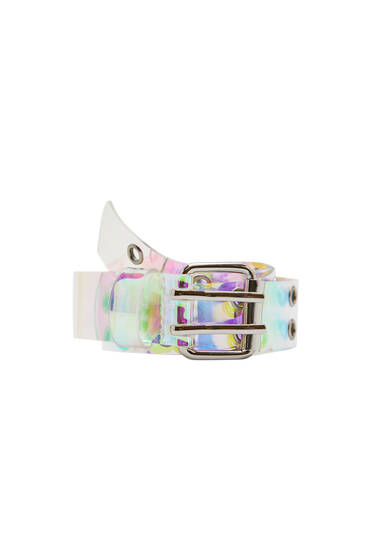 Belt with double rows of eyelets with holographic finish