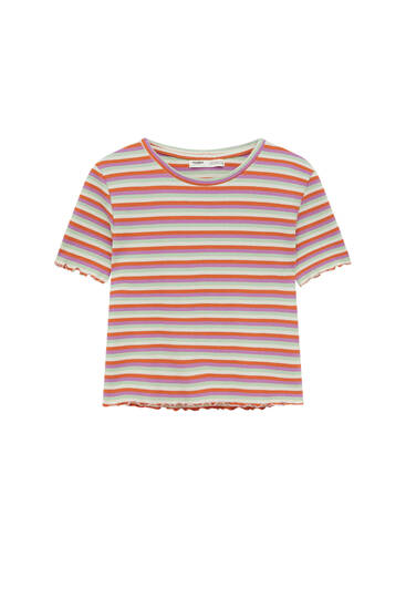 Short sleeve T-shirt with striped check-texture weave