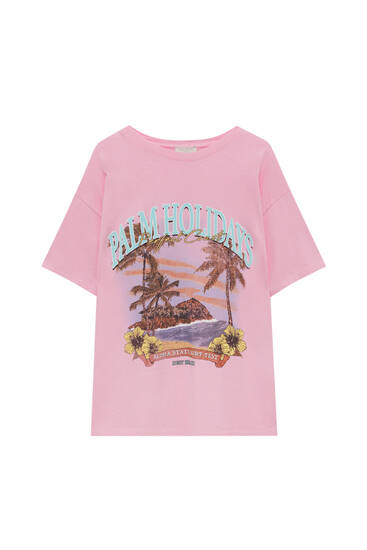 Tricou roz cu imprimeu grafic insulă