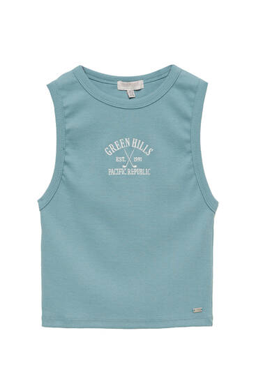 Turquoise tank top with embroidered slogan
