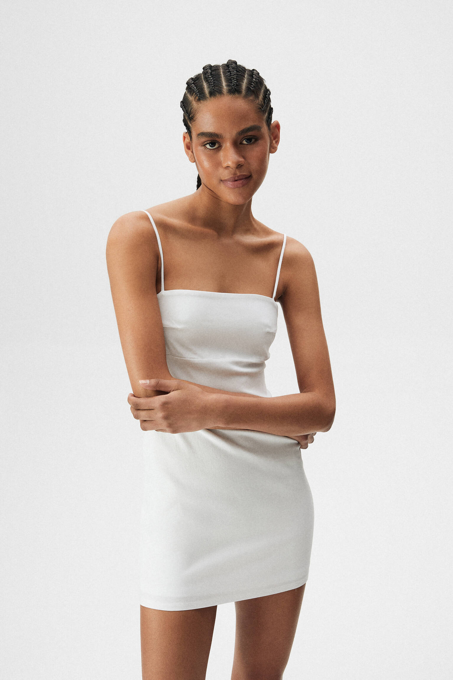 white dress straight neckline