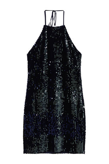 Blue sequinned halter dress