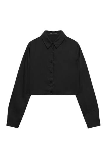 Cropped satin shirt with bell sleeves