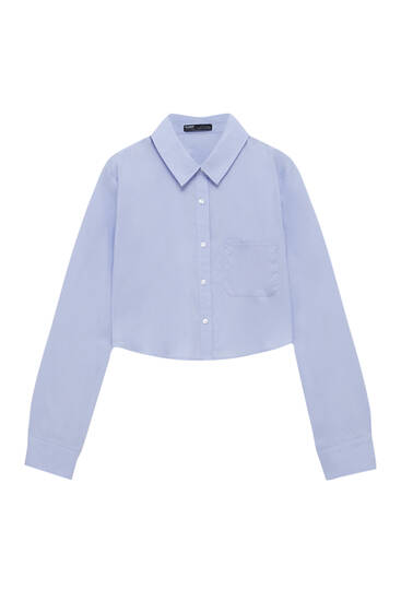 Blauwe cropped blouse van popeline