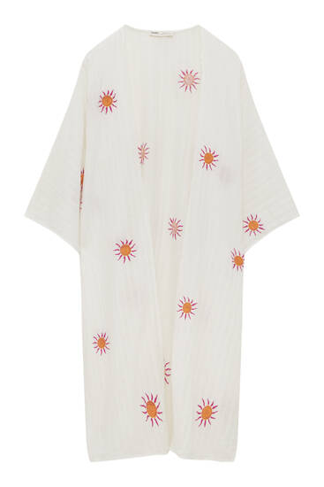 Long kimono with embroidered suns