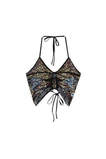Sequinned butterfly crop top