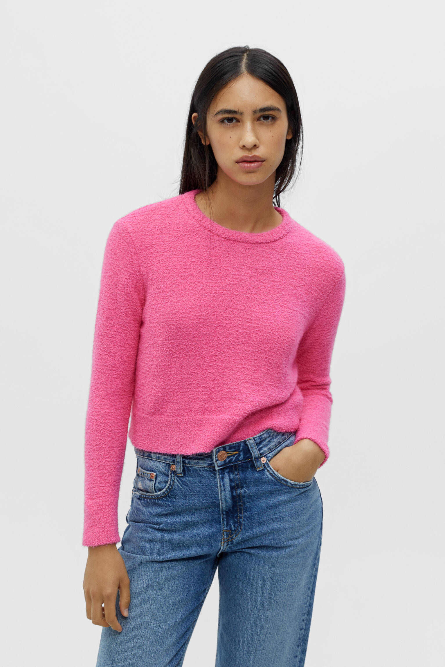 Pull u0026 Bear Faux fur crew neck sweater - 530101633-630