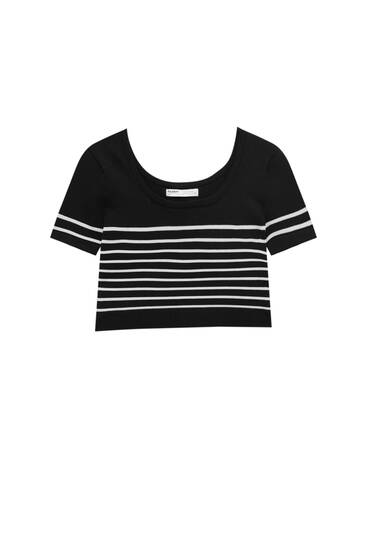 Short sleeve cropped striped sweater
