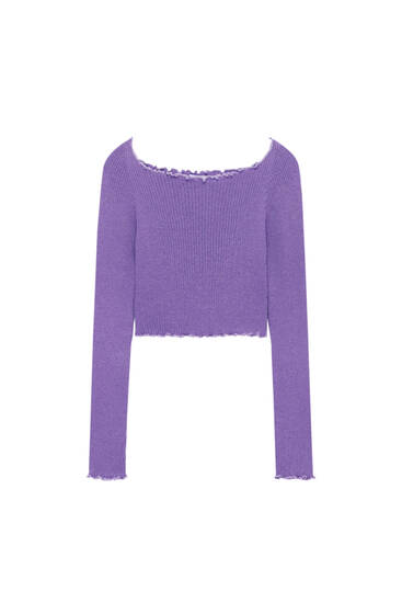 Cropped ribbed sweater with lettuce-edge trims