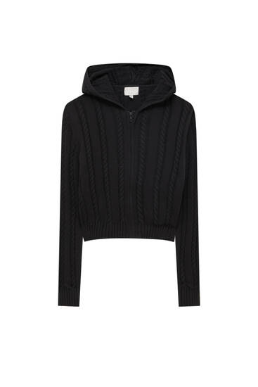 Hooded cable-knit cardigan