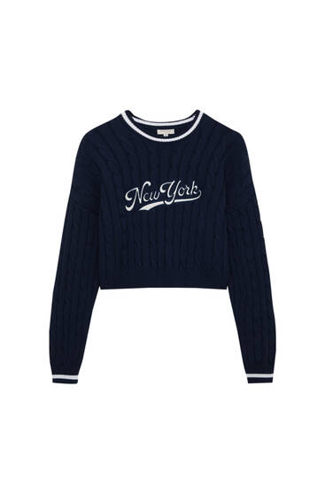 Blue cable-knit New York sweater