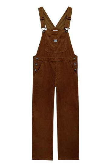Long corduroy dungarees with embroidered label