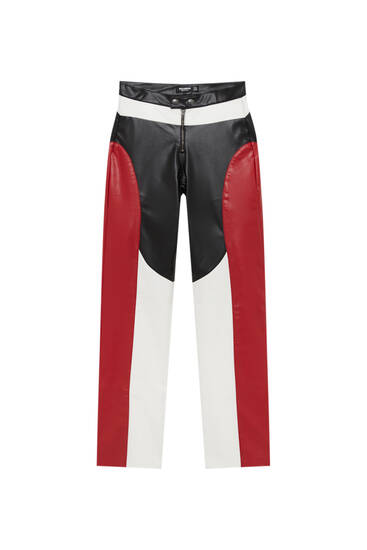 Colour block faux leather racing trousers