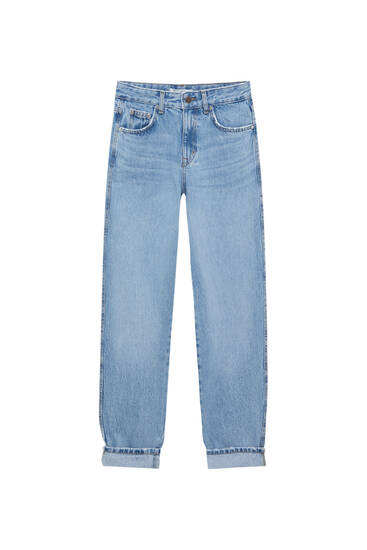 Stredne modré džínsy voľného strihu s vysokým pásom
