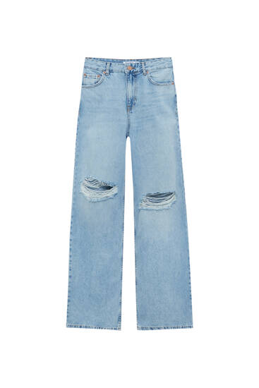 Jeans-Schlaghose mit hohem Bund und Rissen