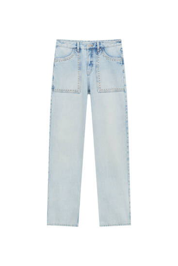 Straight-leg low-waist studded jeans