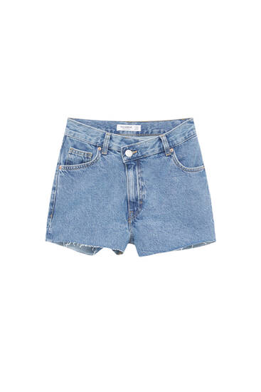 Denim shorts with crossover waistband