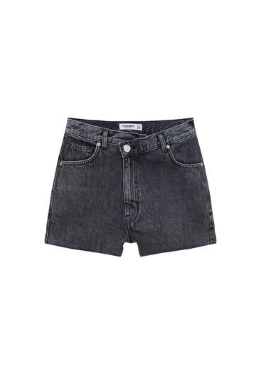 Denim shorts with crossover waistband