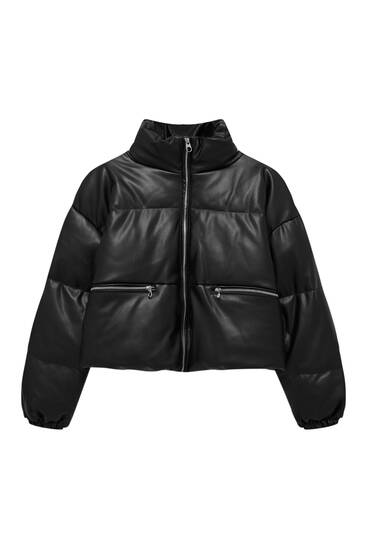 Black faux leather short puffer jacket