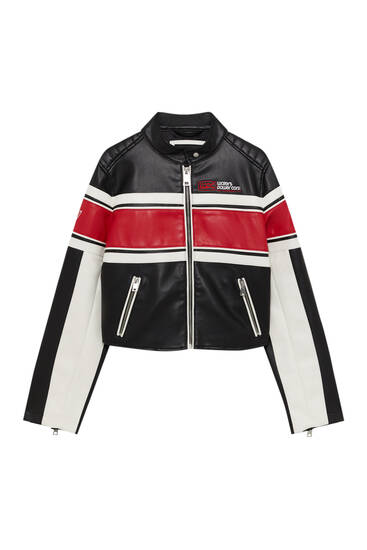 Colour block faux leather biker jacket