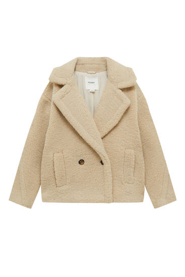Short faux shearling coat with lapel collar