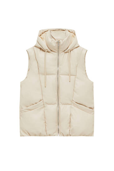 Faux leather puffer vest with hood