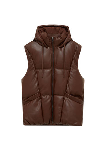 Faux leather puffer vest with hood