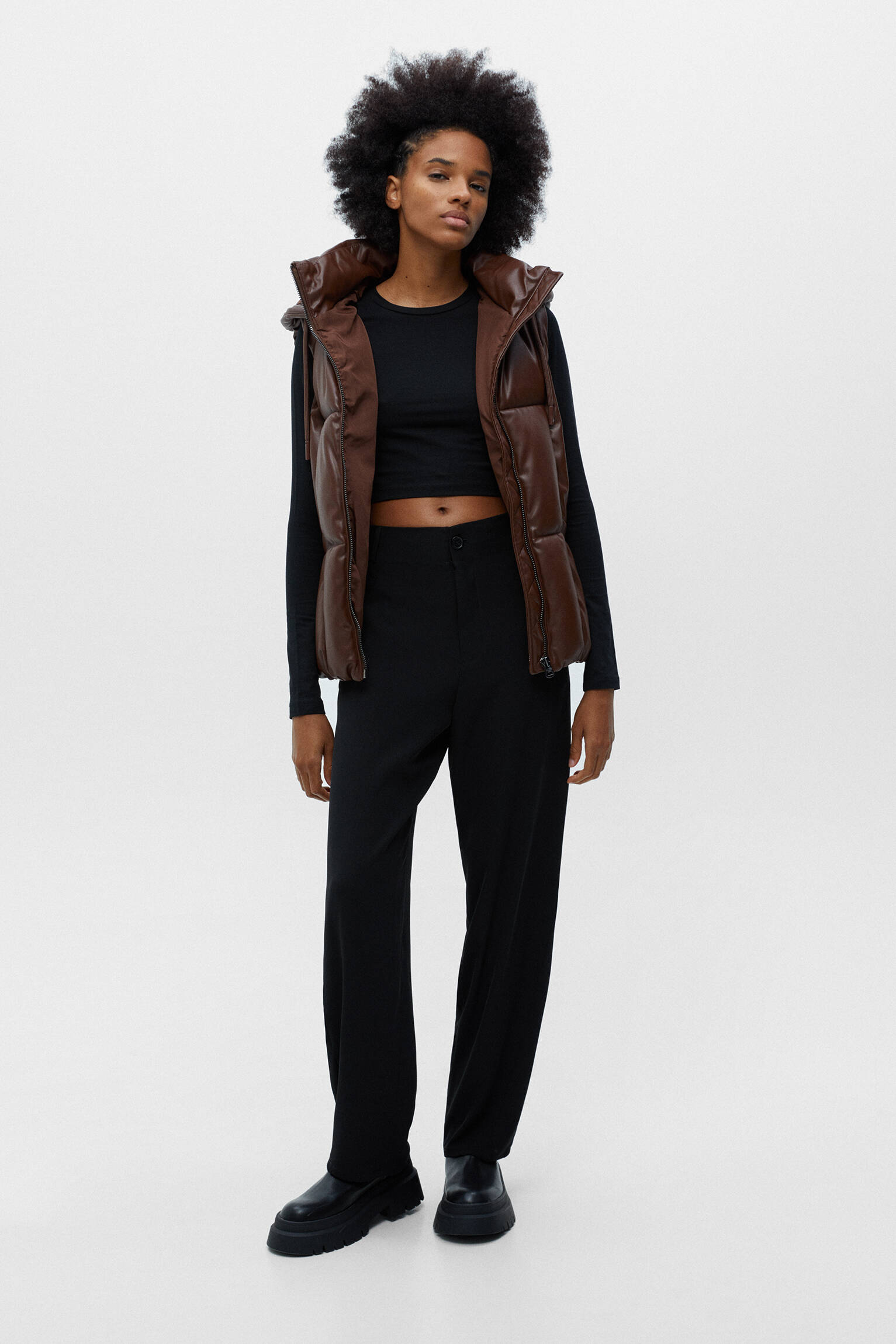 Pull&Bear faux leather puffer gilet in black