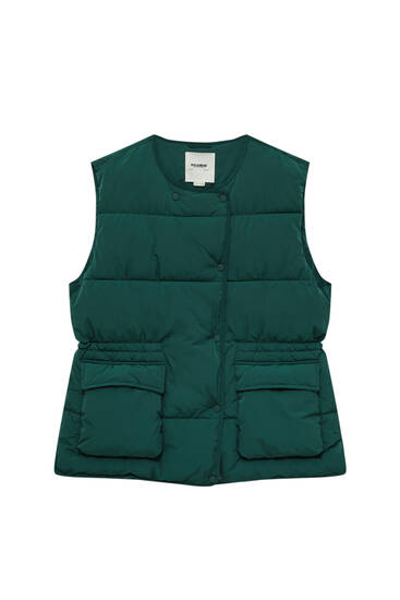 Puffer gilet with crossover fastening