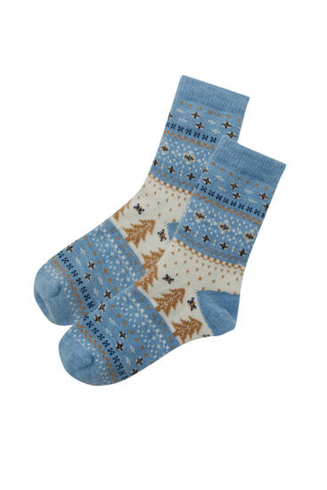 Μπλε μάλλινες χριστουγεννιάτικες κάλτσες