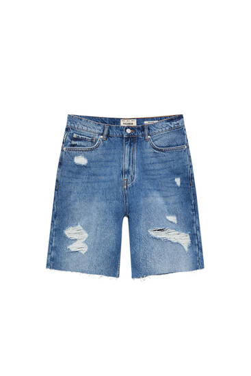 Relaxed-fit denim Bermuda shorts with rips