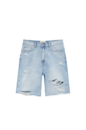 Loose-fitting denim Bermuda shorts with rips