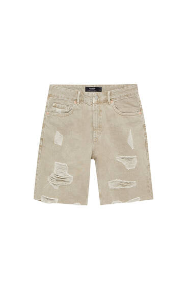 Ripped garment-dyed denim Bermuda shorts - pull\u0026bear