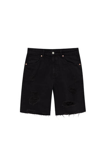Ripped garment-dyed denim Bermuda shorts