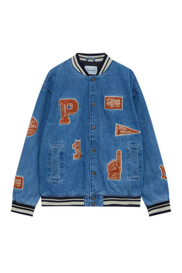 Denim bomber jacket with patches