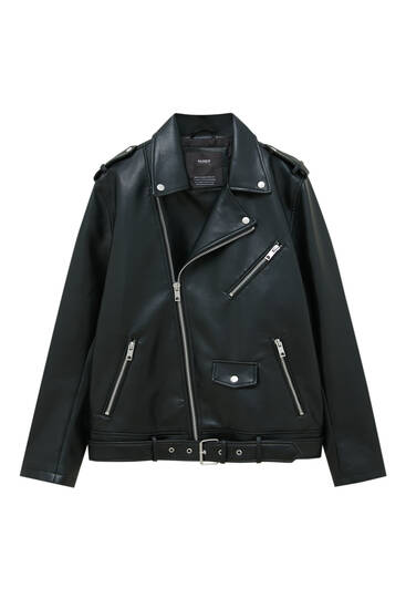 Black faux leather biker jacket - pull\u0026bear