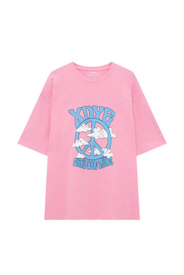 XDYE T-shirt with peace sign and clouds graphic