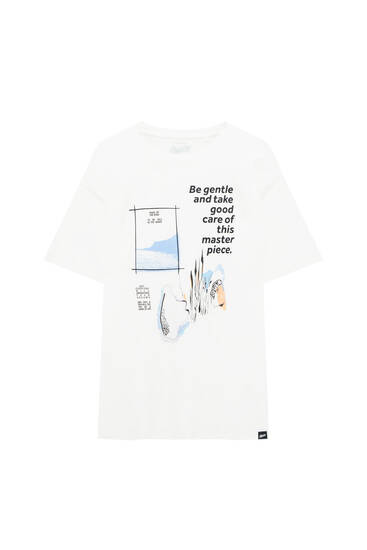 White short sleeve T-shirt with slogan graphic