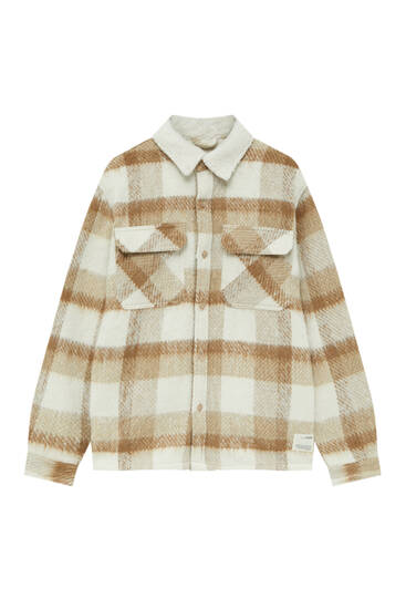 Plaid overshirt with faux shearling collar