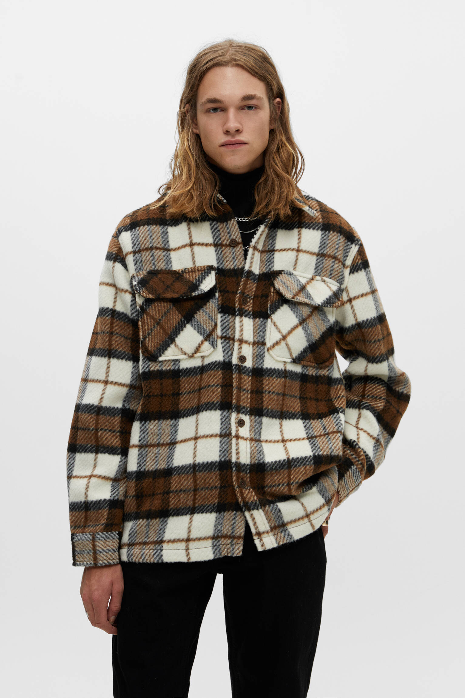 Pull&Bear plaid overshirt in brown