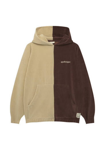 Embroidered colour block corduroy hoodie