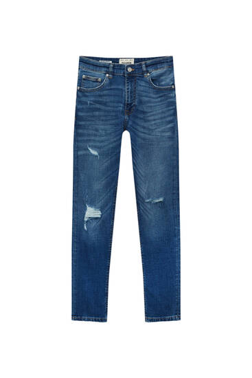 Dunkelblaue Super Skinny Fit Jeans mit Rissen
