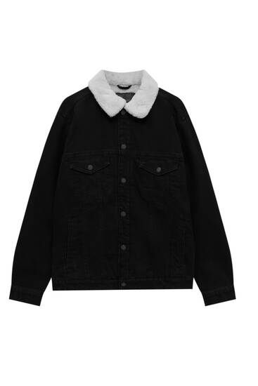 Black denim jacket with faux shearling collar