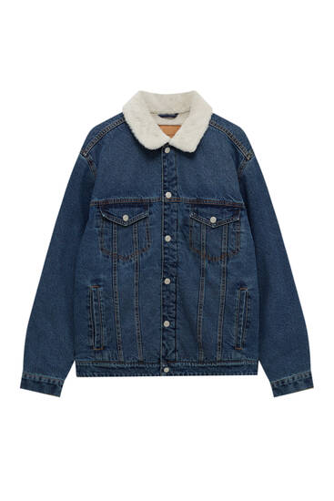Blue denim jacket with faux shearling collar