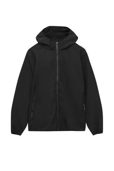 Hooded technical jacket with ribbed trims