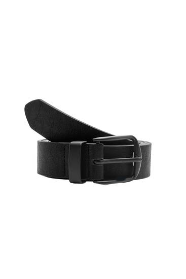 Black faux leather belt with rectangular buckle