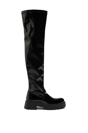 Faux patent knee-high boots
