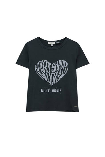 Grafik kalp baskılı Kurt Cobain t-shirt